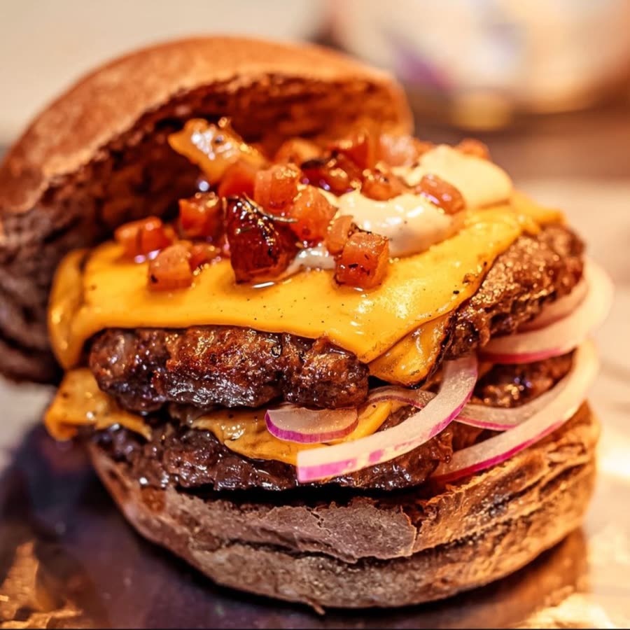 Hambúrguer artesanal com queijo e bacon